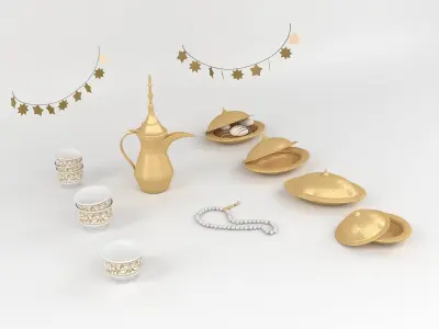 Eid Set gold arabic coffee pot and cups 3D model