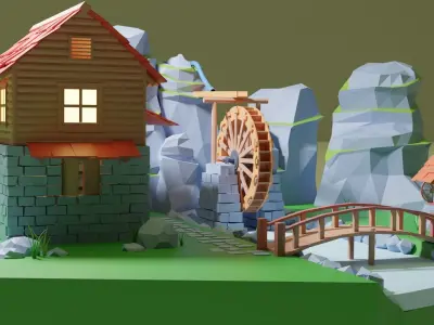 Watermill House Low Poly -  Wood Farm mill  Low-poly 3D model