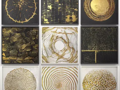 Collection of paintings with gold for walls 3D model