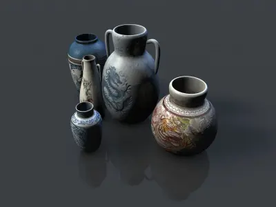 Low poly asian pottery collection Low-poly 3D model