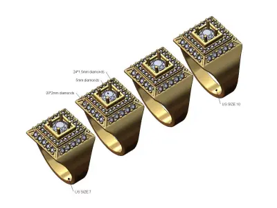 Square diamond cluster 16x16mm signet ring US sizes 7to10 3D print model