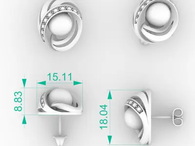 8mm pearl and diamond earrings 3D print model