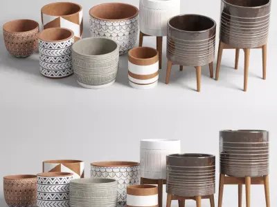collection of earthenware and patternd concrete vases Low-poly 3D model