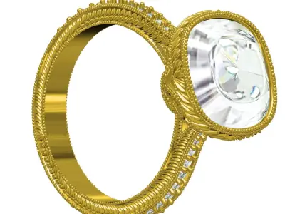 Cushion Cut Single Diamond Art Deco Ring 3D print model