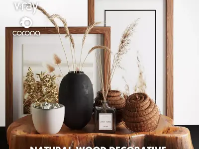 3dasset natural wood and wheat decorative set 3D model