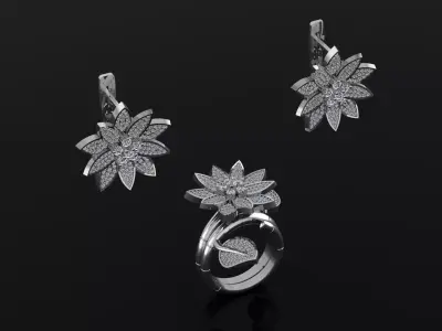 Ring and Earrings in flower style 3D print model