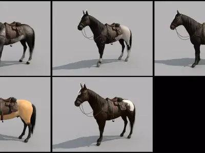 FIVE horses high-detail texture ready 3D model