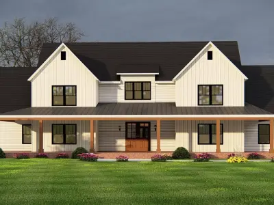 Modern Farmhouse Exterior with Front Porch and Black Roof 3D model
