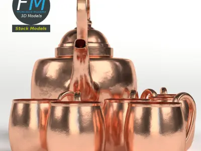 Copper kettle and mugs 3D model