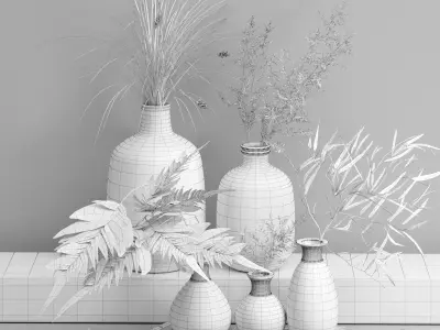 Bouquet of Indoor Grass Herb Plant Glass Vases Set 3D model