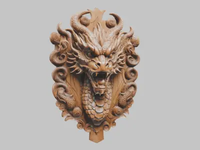 Wooden Dragon head wall mount Low-poly 3D model