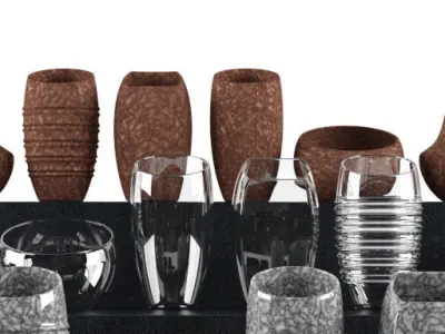 vases different and glasses on shelf 3D model