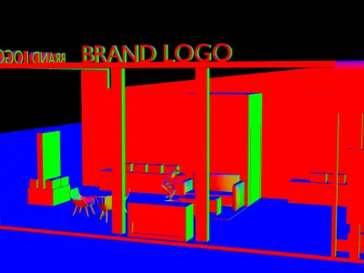 Interactive double-sided trade show booth with display walls 3D model