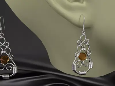 earrings silver with citrine gemstones 3D model