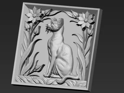 Cat and Flowers A39 3D print model