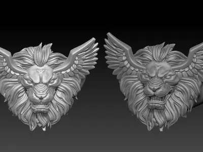 3D Printed Model of Lion Head Ring with Wings 3D print model