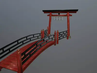 Torii gate bridge and fence Low-poly 3D model