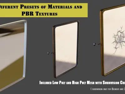 Wall Theater Mirror Square Shape with Crack and PBR Options Low-poly 3D model