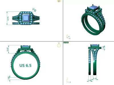 Princess Diamond Halo Engagement Ring Bridal Set 3D print model