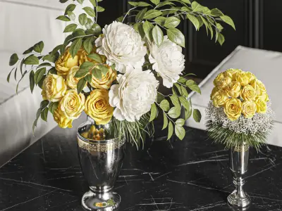 Flower Set 020 Yellow rose white peony 3D model