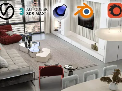 modern Living Room and Kitchen Scene for Cinema 4D 3D model  Low-poly 3D model