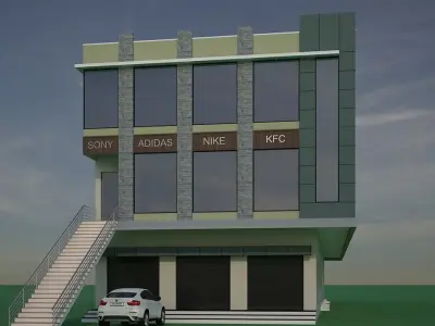 3D Exterior building with stairs and car 3D model