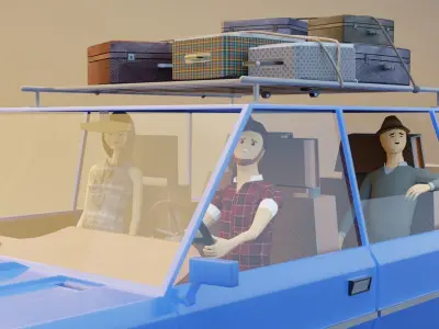 Low Poly cartoon car with 3 rigged characters 3D model