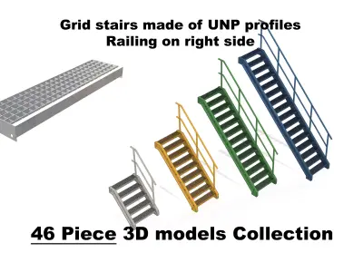 Grid stairs collection - handrail on right side - 46 versions 3D model