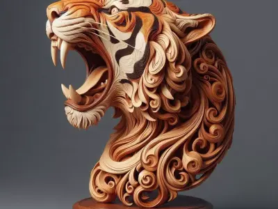 Roaring Tiger Head Sculpture Wooden Carving Swirling Patterns Low-poly 3D model