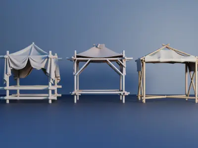 Wooden Gazebo with Detailed Fabric Set of 3 3D model