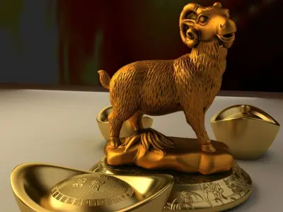 Chinese gold ingot with goat 3D model