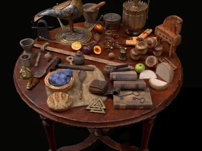 Medieval Props Messy Table Scene 3D Model Collection