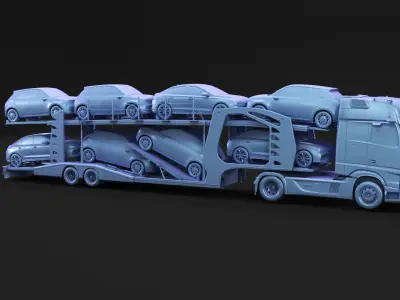 Semi-truck with car carrier trailer 3D model