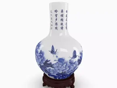 Chinese Blue and White Porcelain Vase with wood stand - Peony Low-poly 3D model
