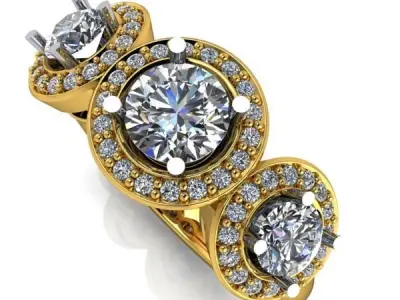 Modern 3 Stone Anniversary Halo Bridal Wedding Set Rings 3D print model