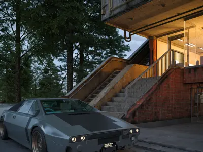 Futuristic Car with Forest Cabin Morning Scene 3D model