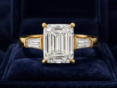 5ct Radiant Cut and Baguette 3 Stone Gold Engagement Ring 3D print model