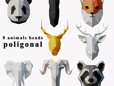 Paper Animal Heads Low-poly 3D model