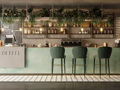 Coffee Shop Tropical design Realistic render 3D model