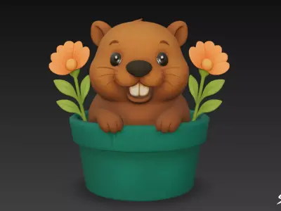 Beaver in Flower Pot Low-poly 3D model