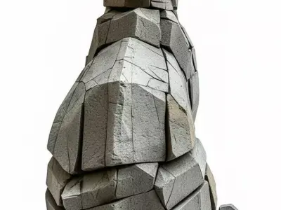 Stone Cat Sculpture Geometric Feline Art Faceted Design Low-poly 3D model