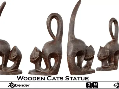 Wooden Cats Statue  Hand-Carved Animal Sculpture Low-poly 3D model