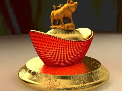 Chinese Gold Ingot with Golden pig 3D model