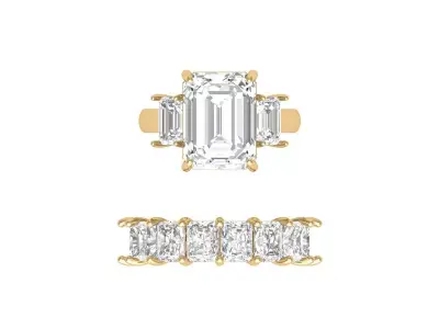 Emerald 3 Stone Art Deco Ring with Radiant Full Eternity Band 3D print model