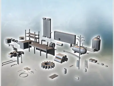 Set of modern outdoor accessories with car carcass advertising s 3D print model