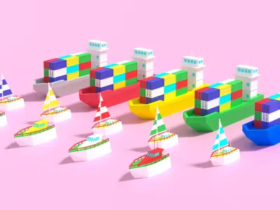 Cartoon Container Ship Yacht Sail Boat Low-poly 3D model