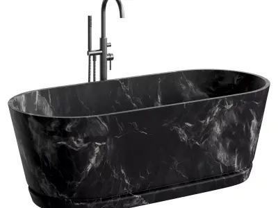 Handcrafted Oval Stone Bathtub with Carved Linear Detail 3D model