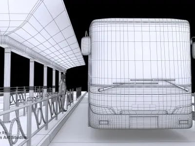  City Bus With interior and Bus Station Low-poly 3D model