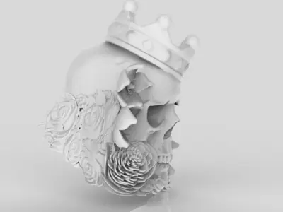 Detailed Realistic Jewelery element Man Skull Flowers and Crown 3D print model