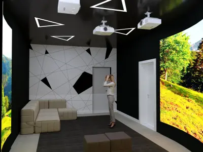 Museum model with people looking at artifacts 3D model